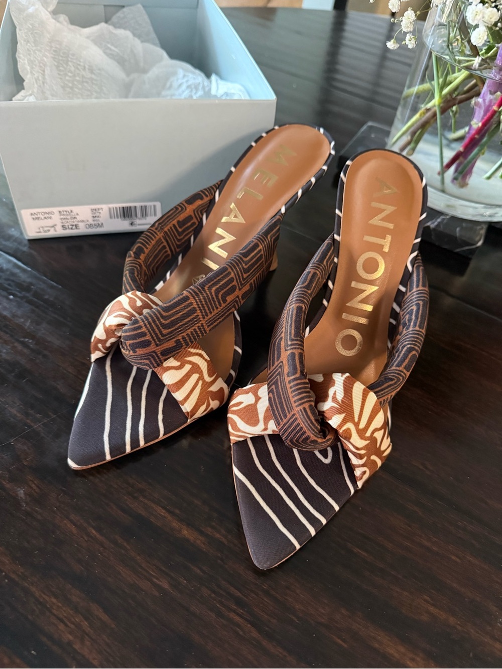 ANTONIO MELANI Brown and Black Patterned Knotted Pointed-Toe Slingback Heels